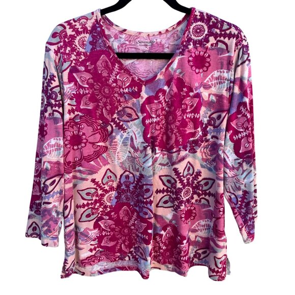 Serengeti Womens Floral V-Neck Long Sleeve Boho Pink Purple Tunic Blouse Top XL - Picture 1 of 8